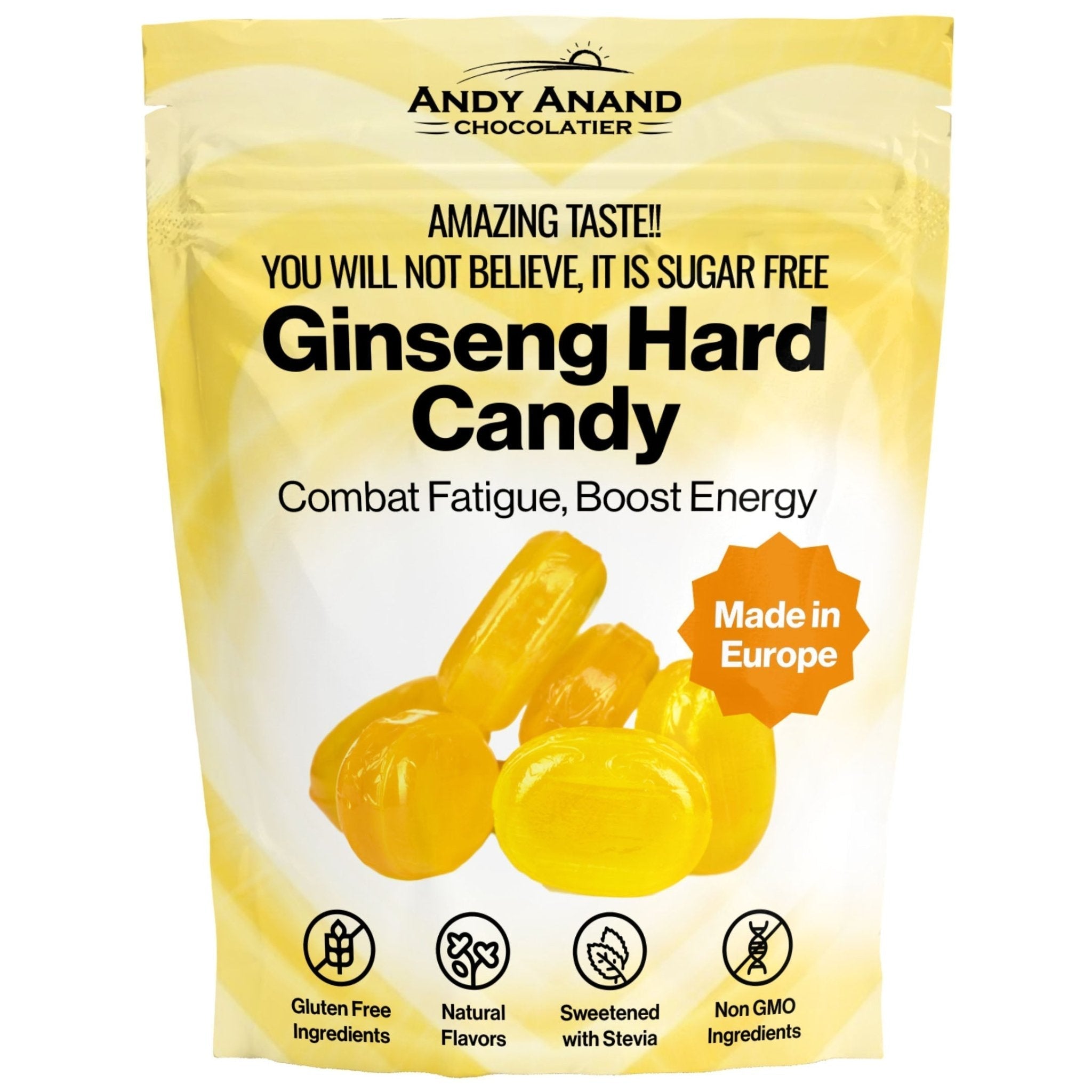 Andy Anand sugar-free ginseng hard candy 7 oz bag, stevia-sweetened and keto-friendly, made in California