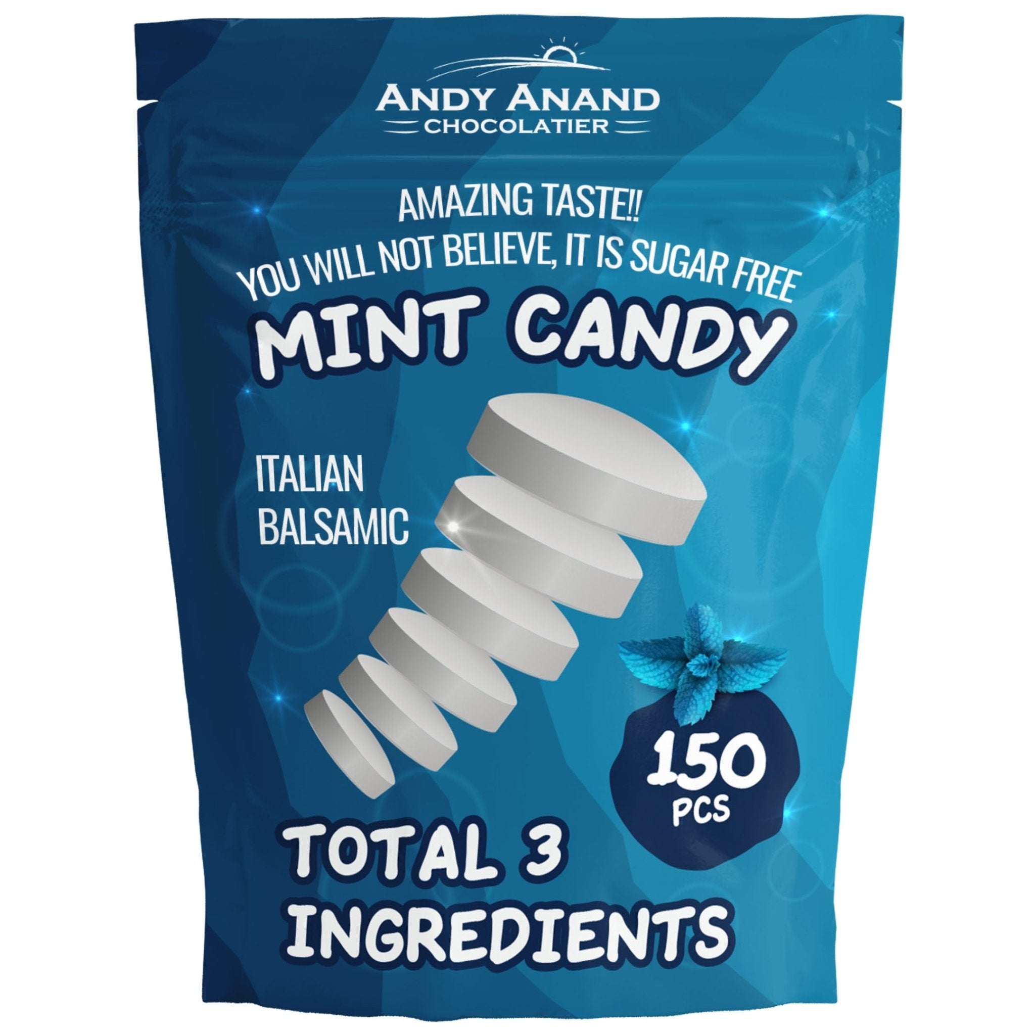 Blue packaging of Andy Anand Chocolatier mint candy with white text and a spiral mint candy on a blue background.