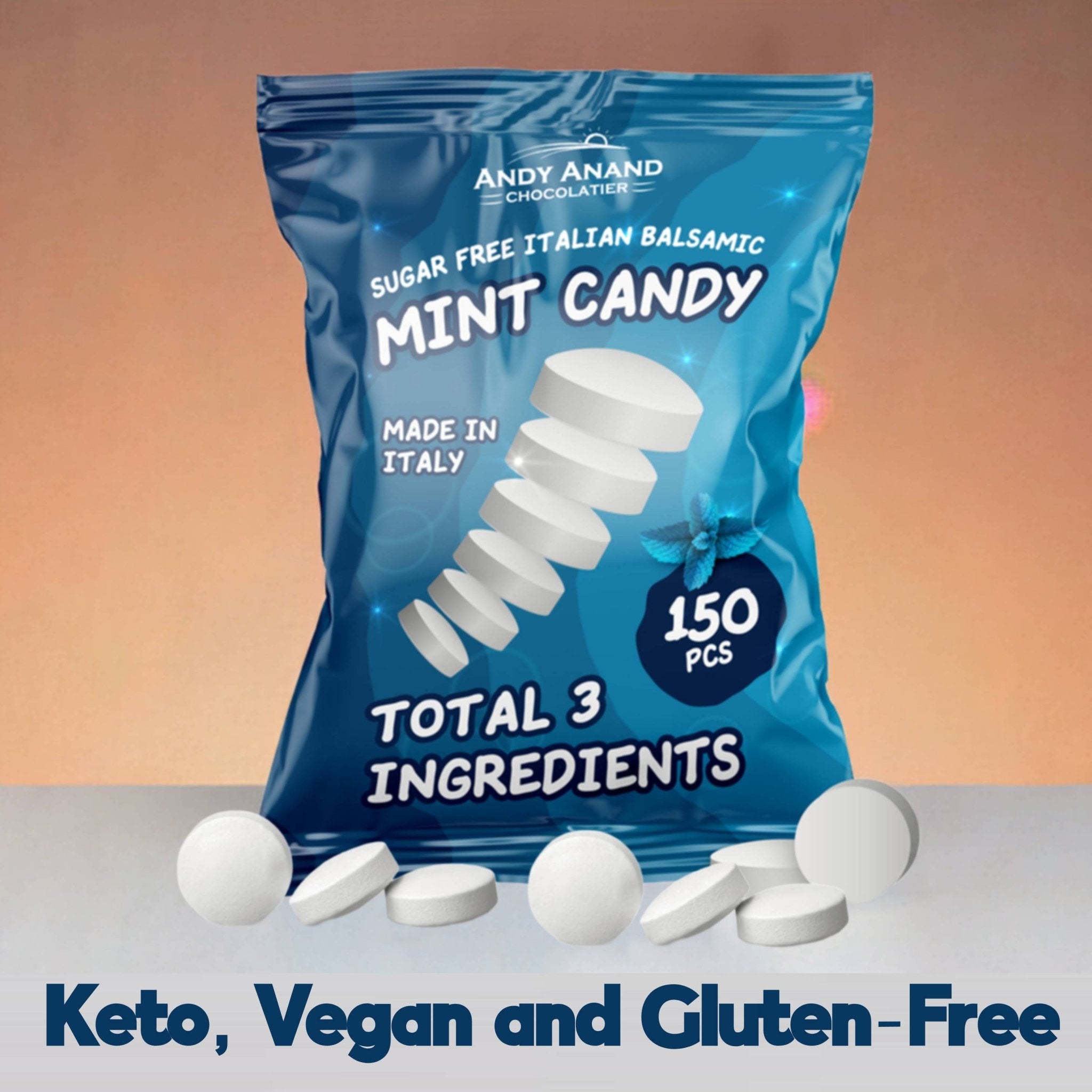 Blue package of Andy Anand Sugar Free Italian Balsamic Mint Candy with white candies on a gradient background
