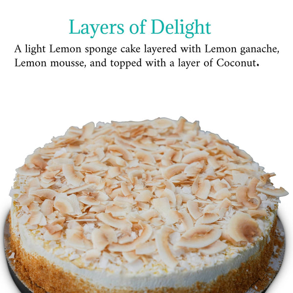 Lemon cake with coconut shavings on a white background