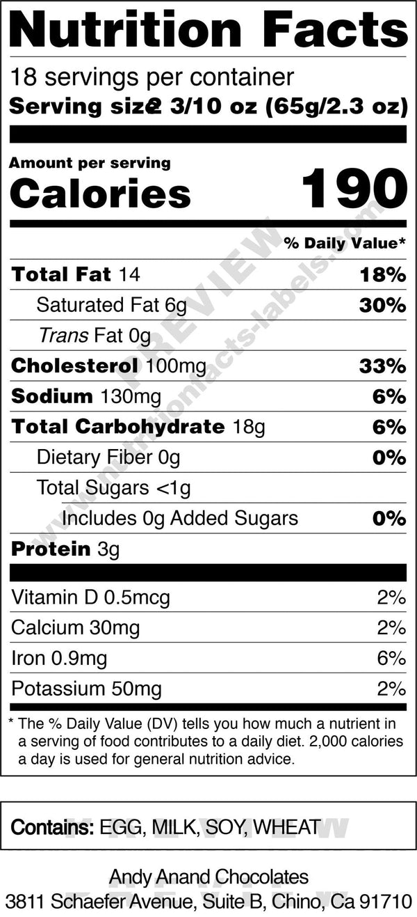 Nutrition facts label for a product with detailed calorie and ingredient information.