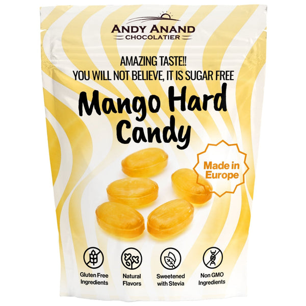Packaging of Andy Anand Mango Hard Candy with yellow candies and white background