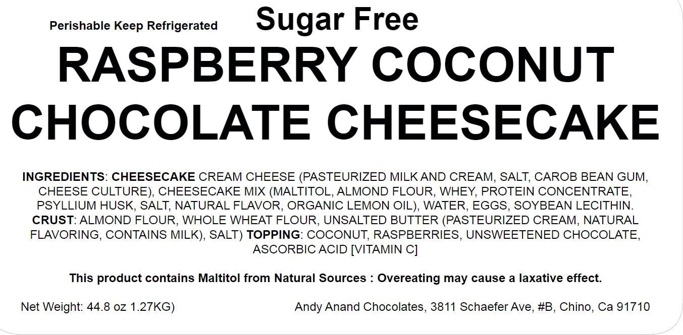 Label for Raspberry Coconut Chocolate Cheesecake with text about ingredients and storage instructions.