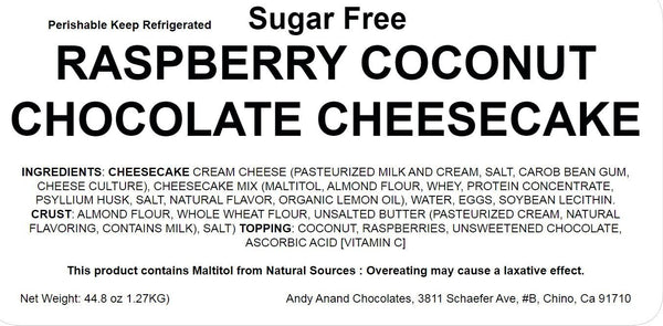 Label for Raspberry Coconut Chocolate Cheesecake with text about ingredients and storage instructions.