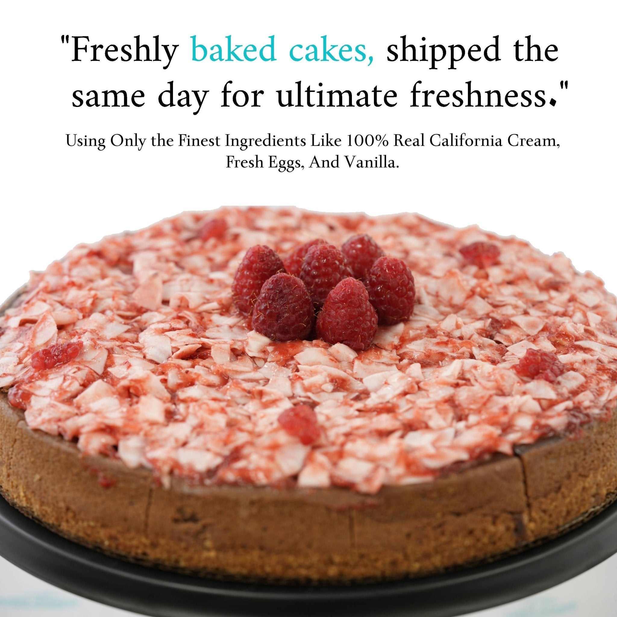 Chocolate cake with raspberry toppings on a black plate, with promotional text about freshness and ingredients.