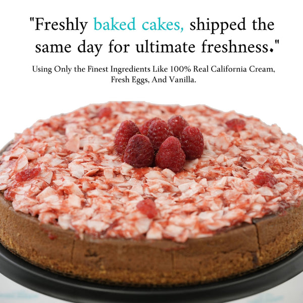 Chocolate cake with raspberry toppings on a black plate, with promotional text about freshness and ingredients.