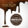 Chocolate drizzle with 'Andy Anand Chocolates' branding and a chocolate label on a white background.