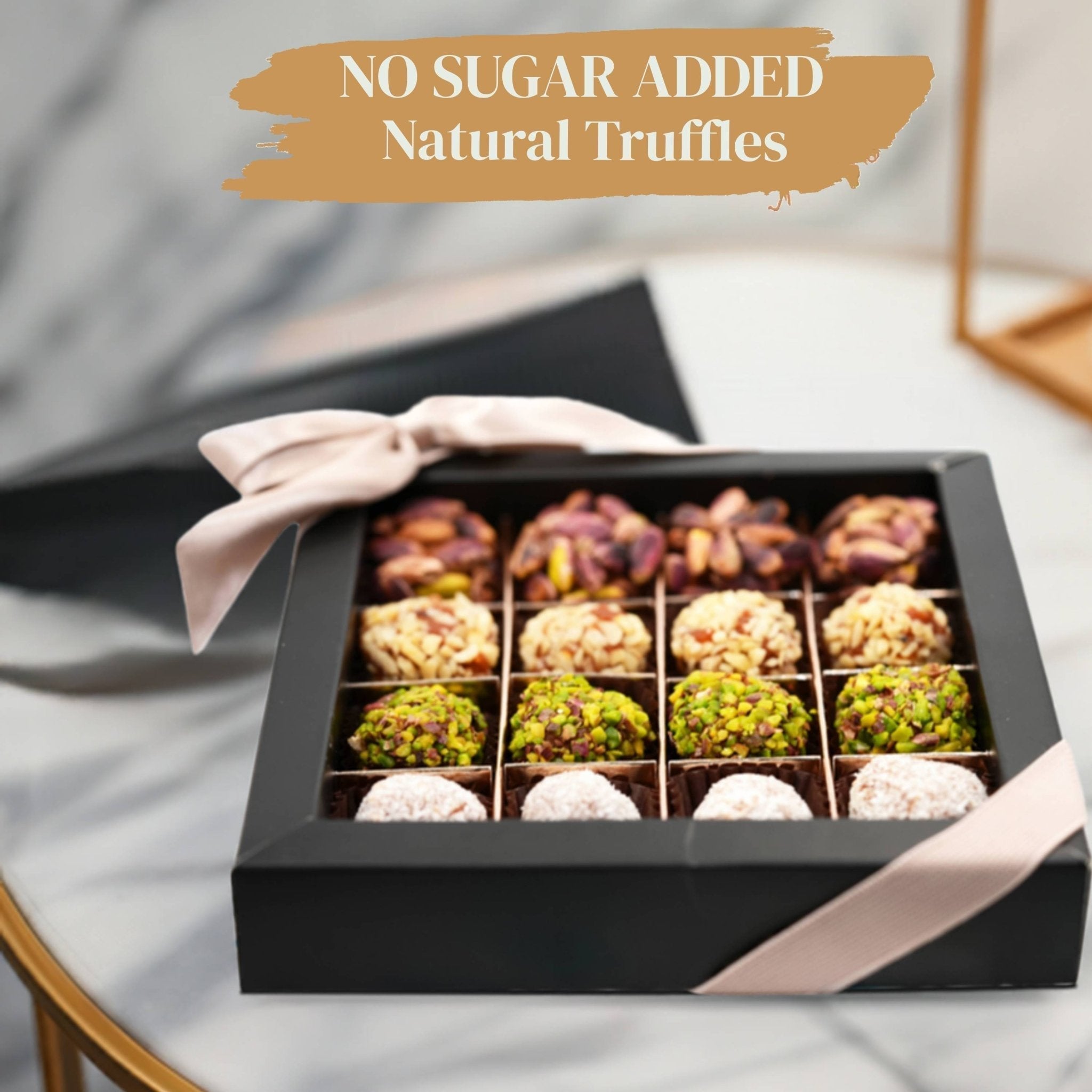 Close-up of no-sugar-added natural date truffles rolled in pistachio, hazelnut, and coconut in a gift box