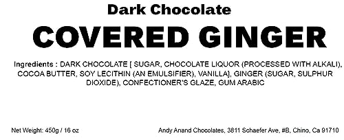 Label for dark chocolate covered ginger with ingredients list and contact information.