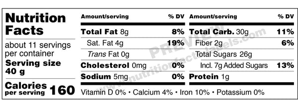 Nutrition facts label for a food product with detailed calorie and ingredient information.