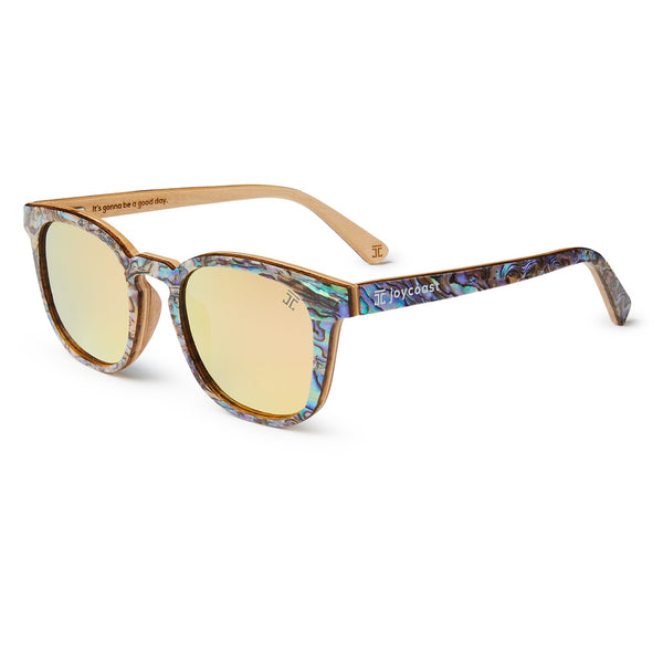 AquaWave square wooden sunglasses with abalone shell inlay and polarized lenses by Joycoast