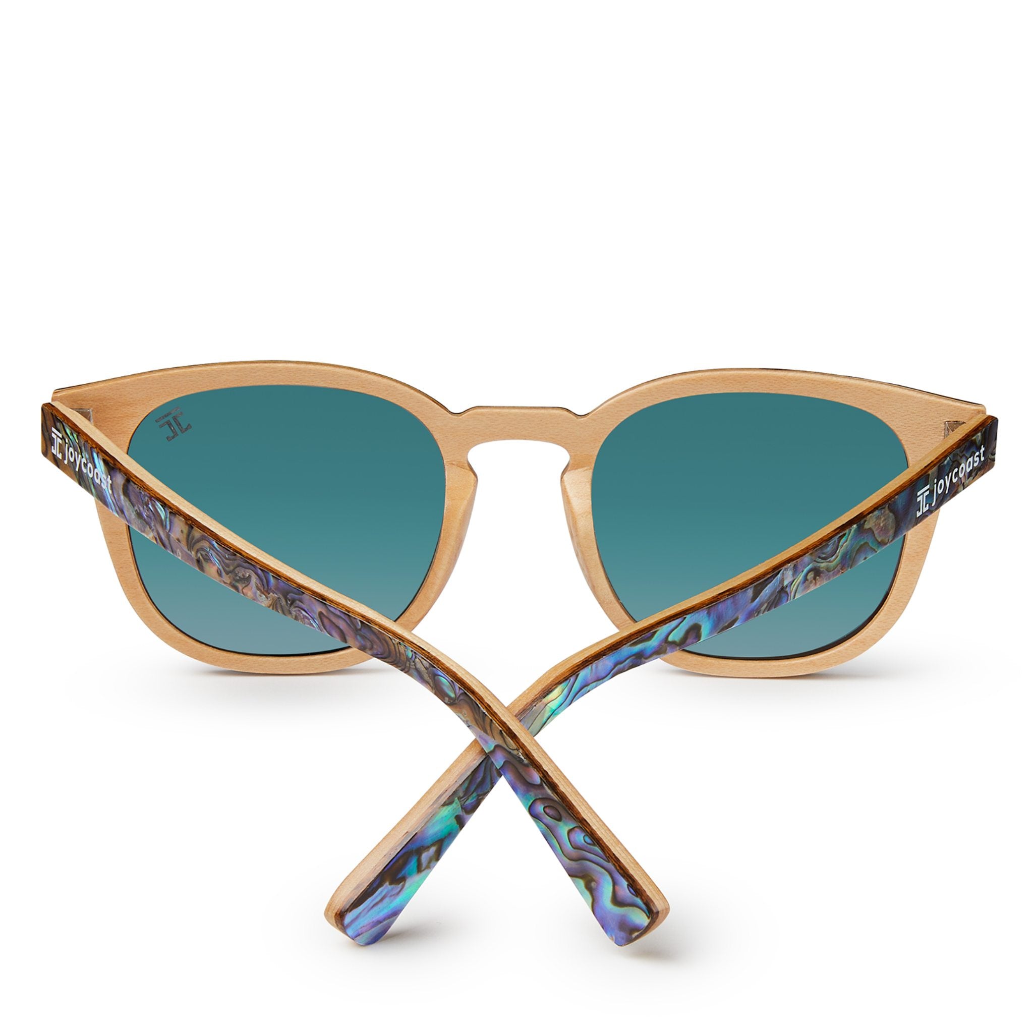 Sunglasses with wooden frame and blue-tinted lenses on a white background