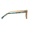 Sunglasses with a colorful frame and wooden accents on a white background