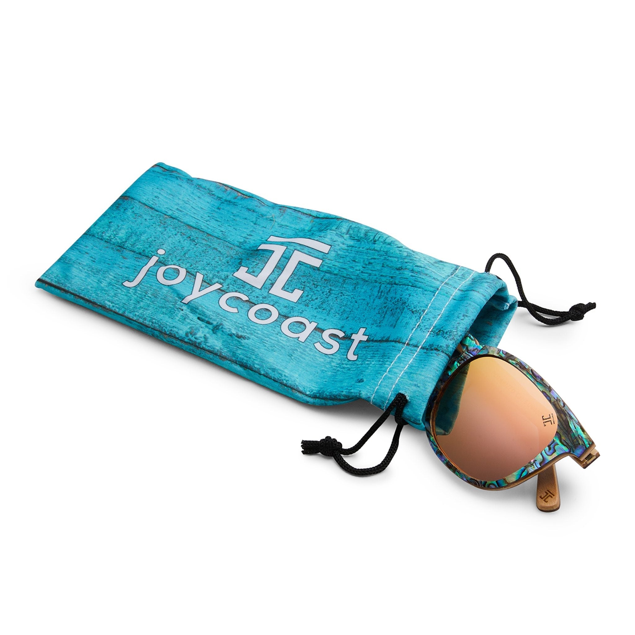 Sunglasses with floral pattern and blue drawstring bag featuring 'joycoast' logo on a white background