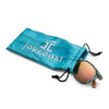 Sunglasses with floral pattern and blue drawstring bag featuring 'joycoast' logo on a white background