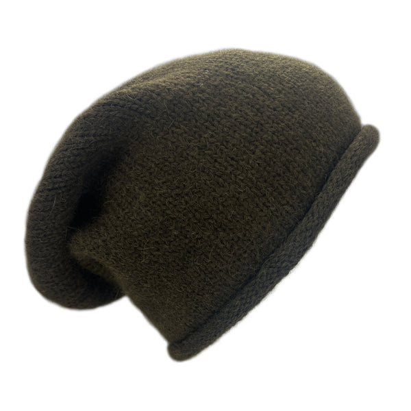 Dark green beanie hat on a white background