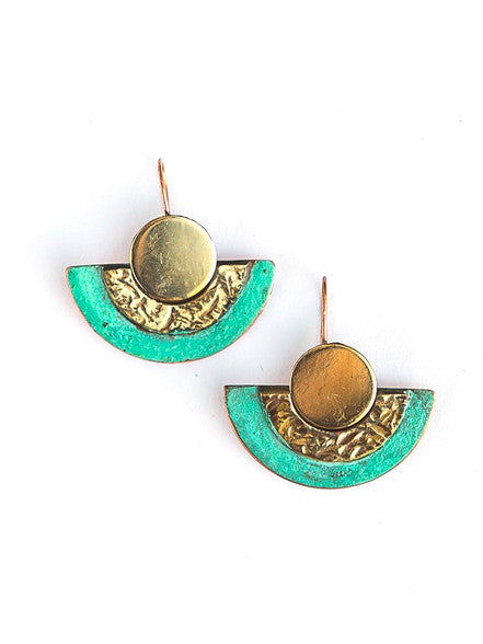 Detail view of Pueblo Patina recycled copper and brass earrings with natural turquoise patina