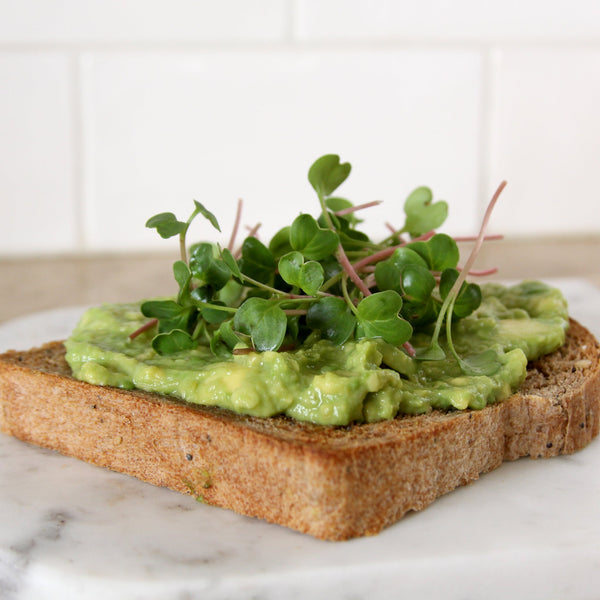 Avocado spread on toast with microgreens on a marble surface