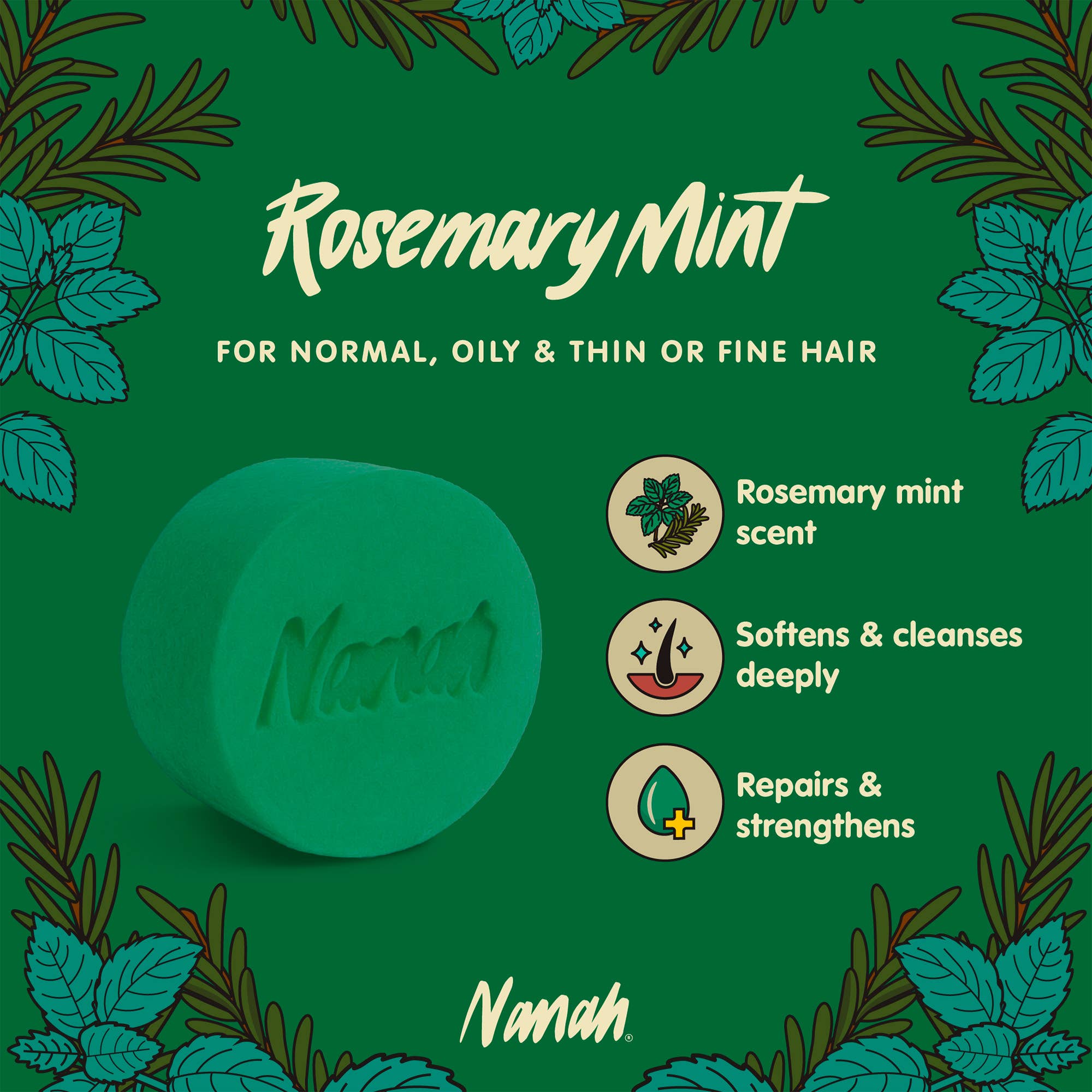 Nanah Rosemary Mint soap bar with product details on a green background. NANAH Rosemary Mint shampoo bar — sulfate-free, stimulates hair growth with rosemary, horsetail & peppermint. For fine & thinning hair. Replaces 3 bottles. Shop now.