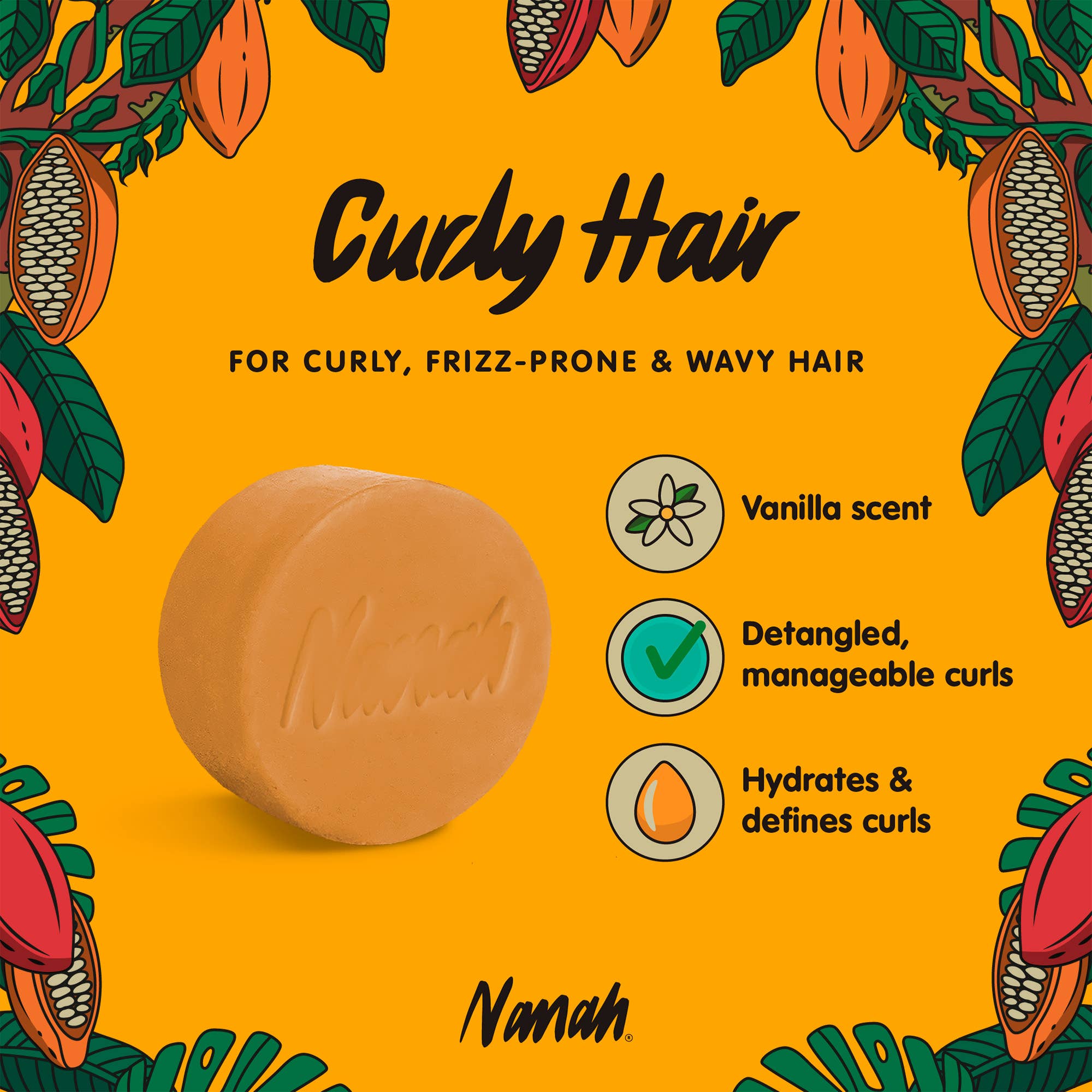 Bar of soap with vanilla scent for curly hair on a yellow background with cacao beans and leaves. NANAH Curly Hair conditioner bar — sulfate-free, defines & hydrates curls with vegetable keratin, castor oil & jojoba. Curly Girl Method approved. Shop now.