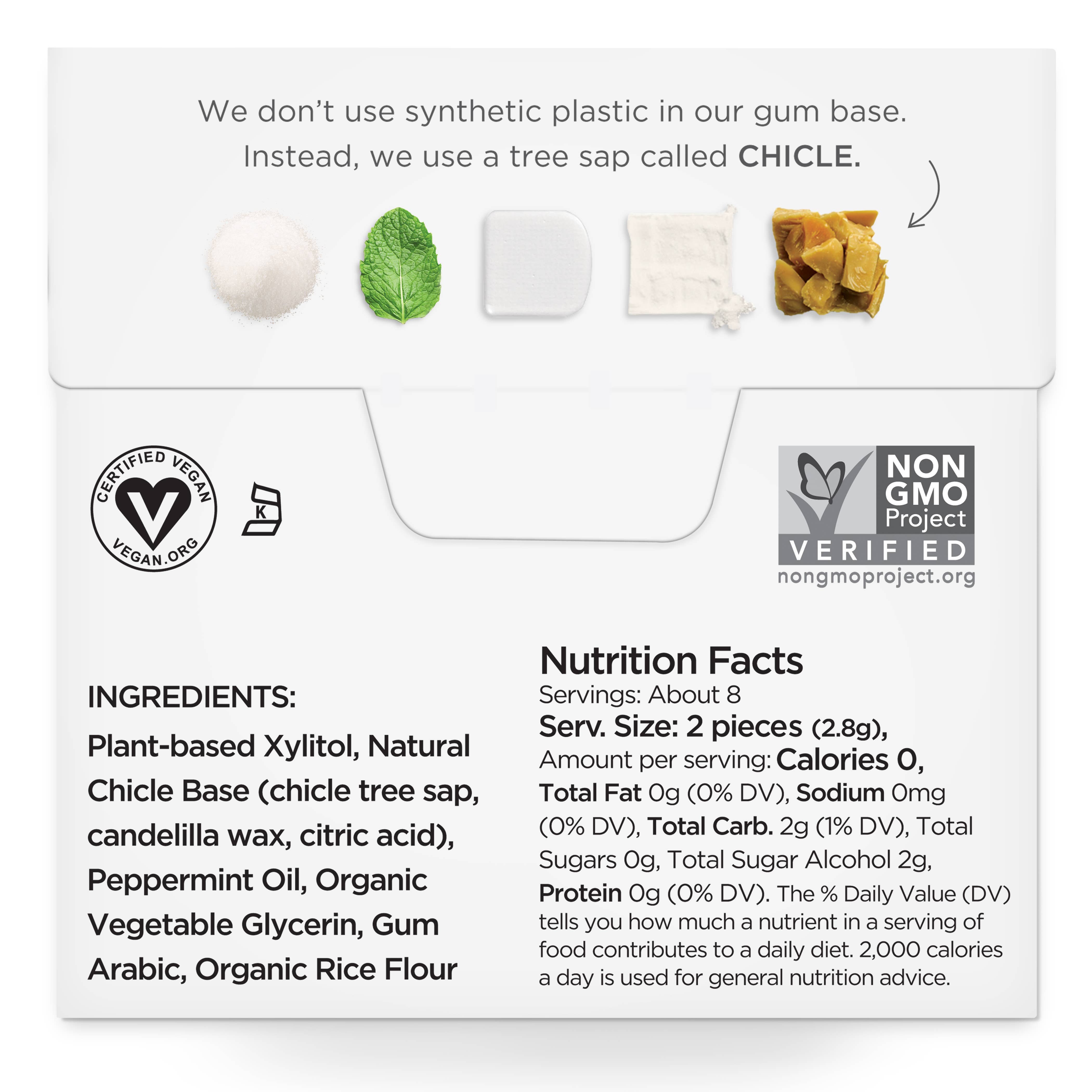 Product packaging with ingredients, nutrition facts, and certification logos on a white background
