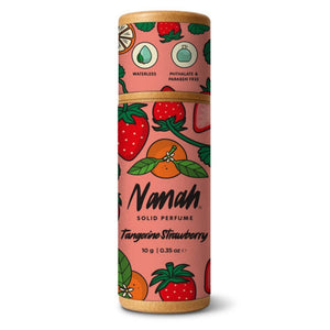NANAH Mandarin Strawberry natural solid perfume stick with fruit illustrations on a white background