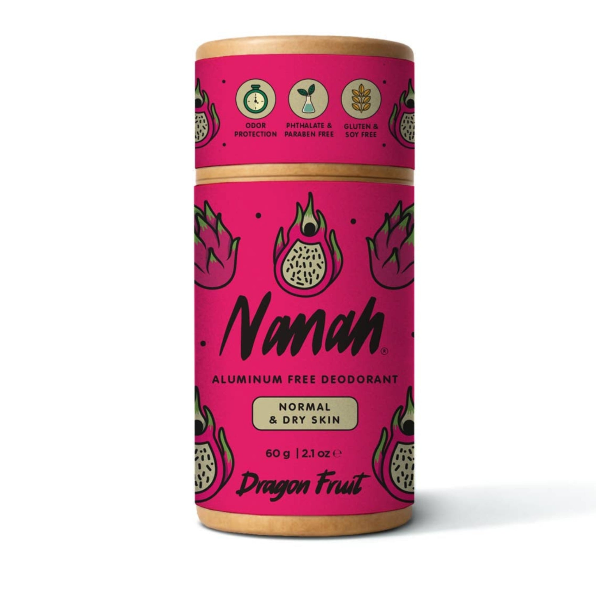 Pink cylindrical container with 'Nanah' branding on a white background. Natural Pitahaya Deodorant — Aluminum-Free Solid Deodorant with Magnesium & Dragon Fruit | 24-Hour Protection, Plastic-Free & Handmade