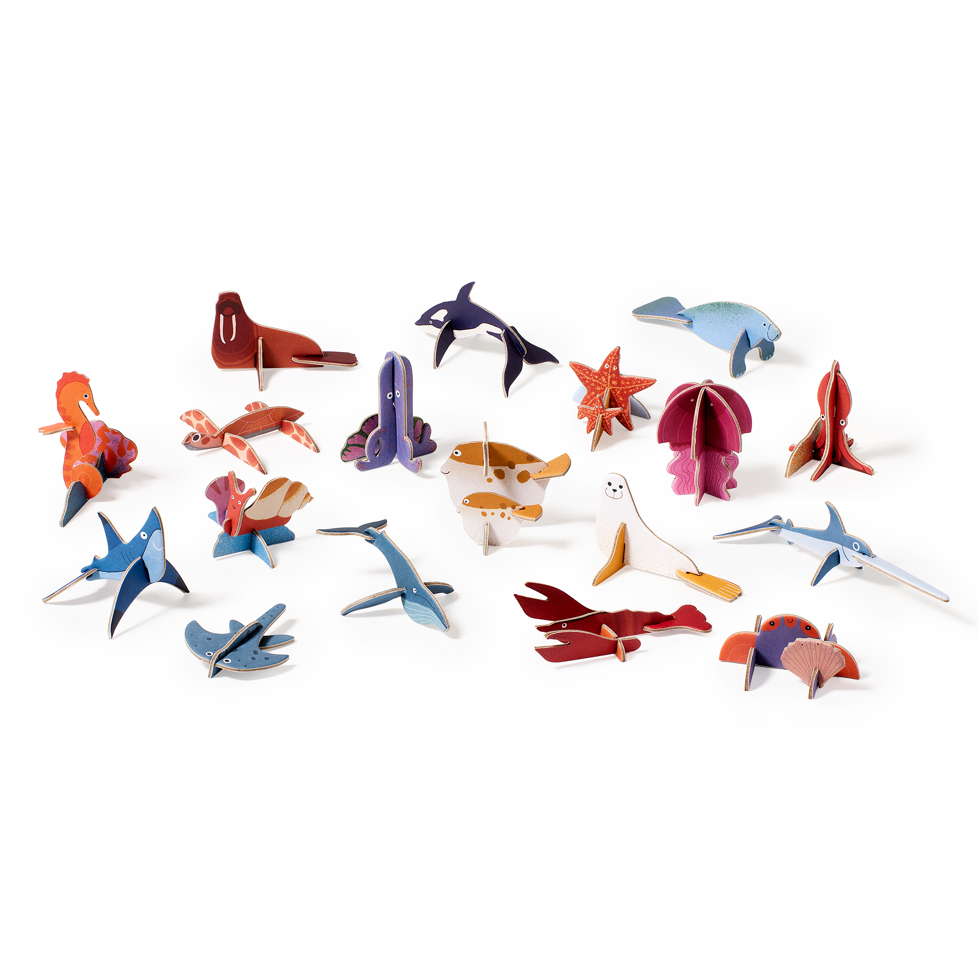 Set of colorful paper animal models on a white background