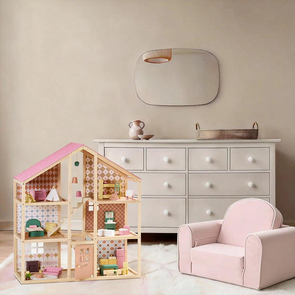 Wooden dollhouse with pink roof and chair in a room with a dresser and mirror.