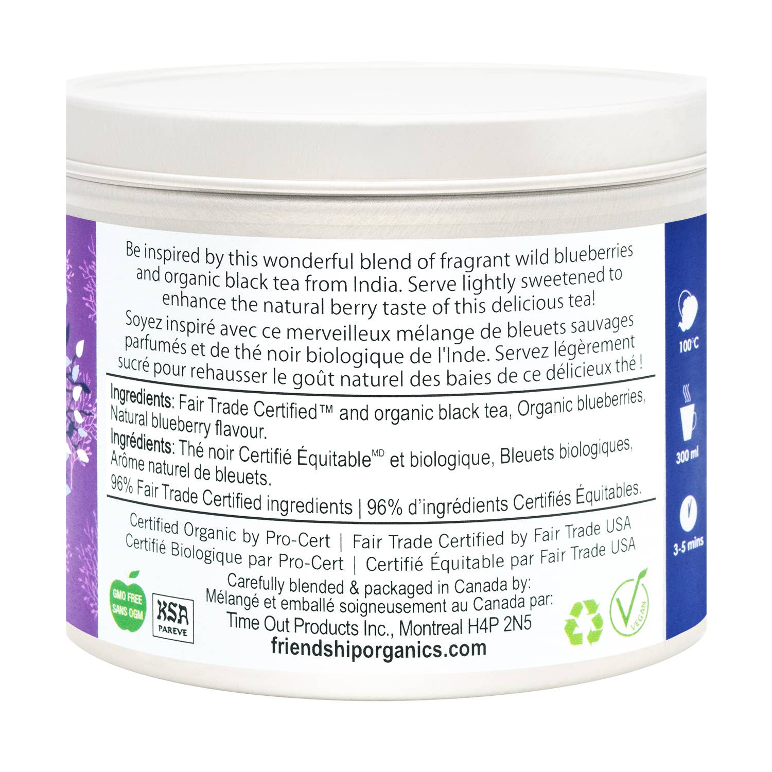 Container label with text and branding on a white background