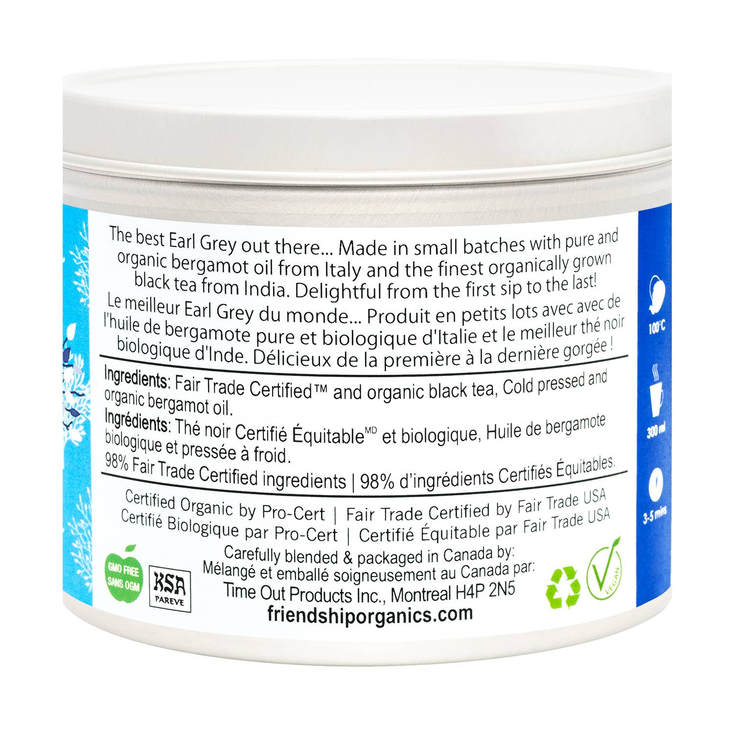 Back of a container with product details and certifications on a white background