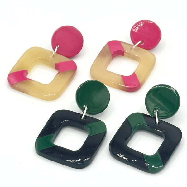 Check Box Horn Stud Earrings in dark horn and forest green, handcrafted from upcycled lacquered horn by Fair Anita