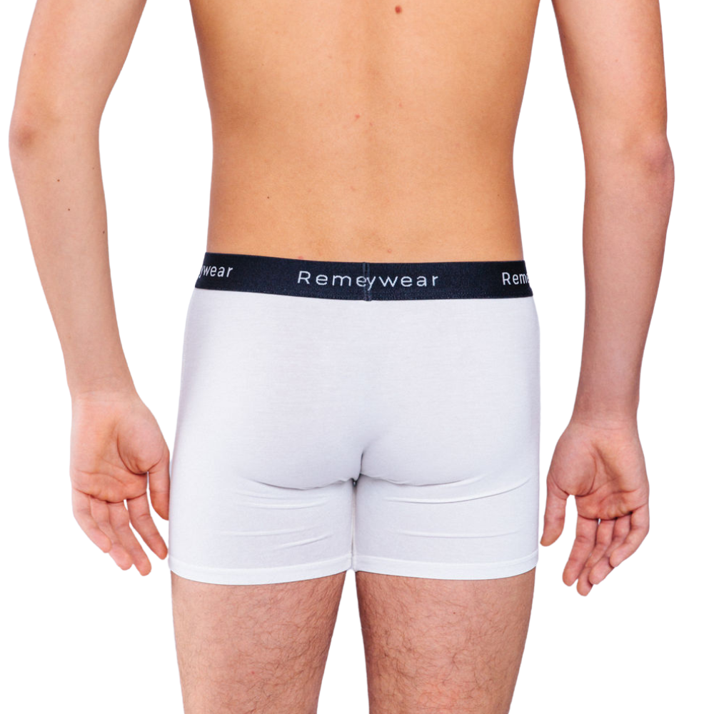 Back view of Remedywear white TENCEL zinc boxer briefs for sensitive skin
