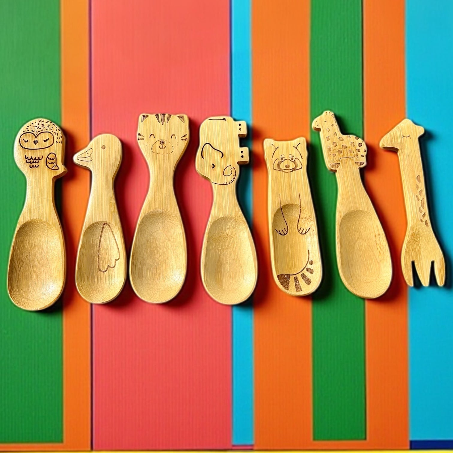 Bamboo Animal Kids Spoons with hand-carved animal designs made from natural bamboo