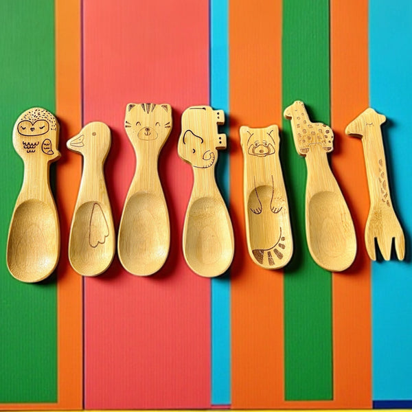 Bamboo Animal Kids Spoons with hand-carved animal designs made from natural bamboo