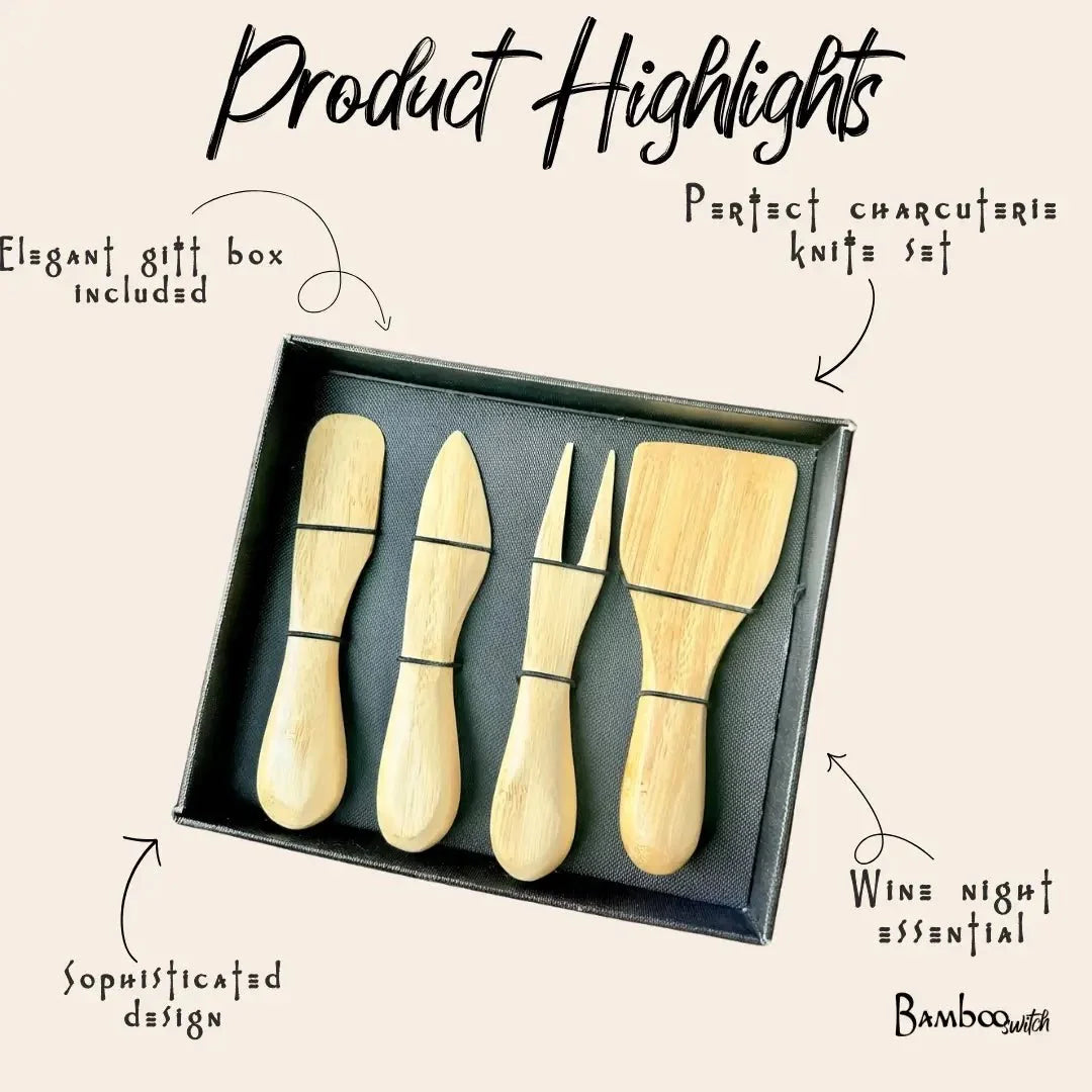 Bamboo Cheese Knife Box Set arranged on a charcuterie board