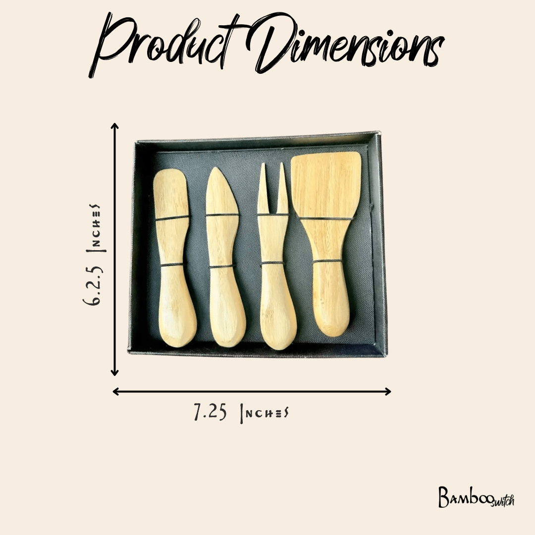 Bamboo Cheese Knife Box Set serving fork and knives shown together