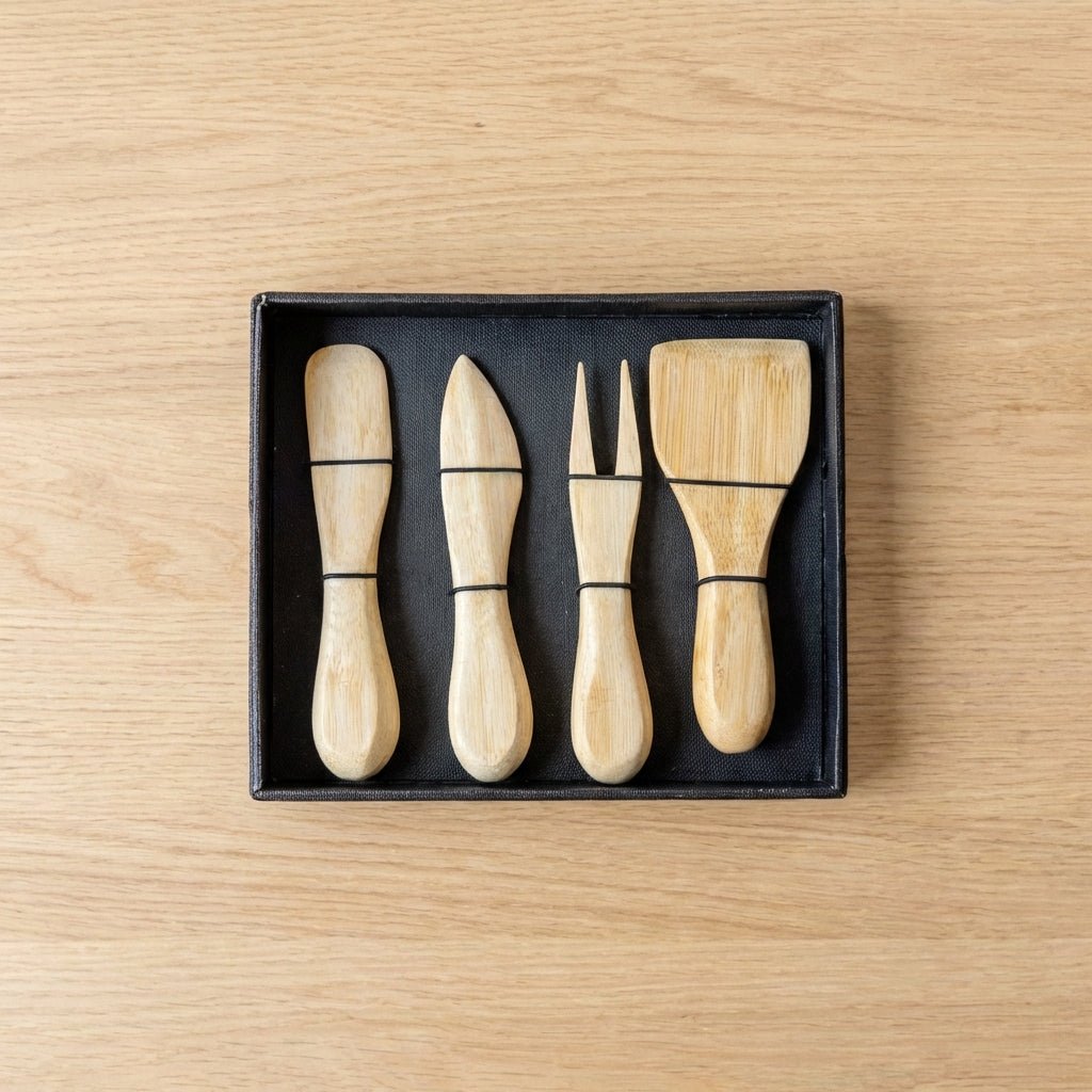 Bamboo Cheese Knife Box Set with three knives and a serving fork