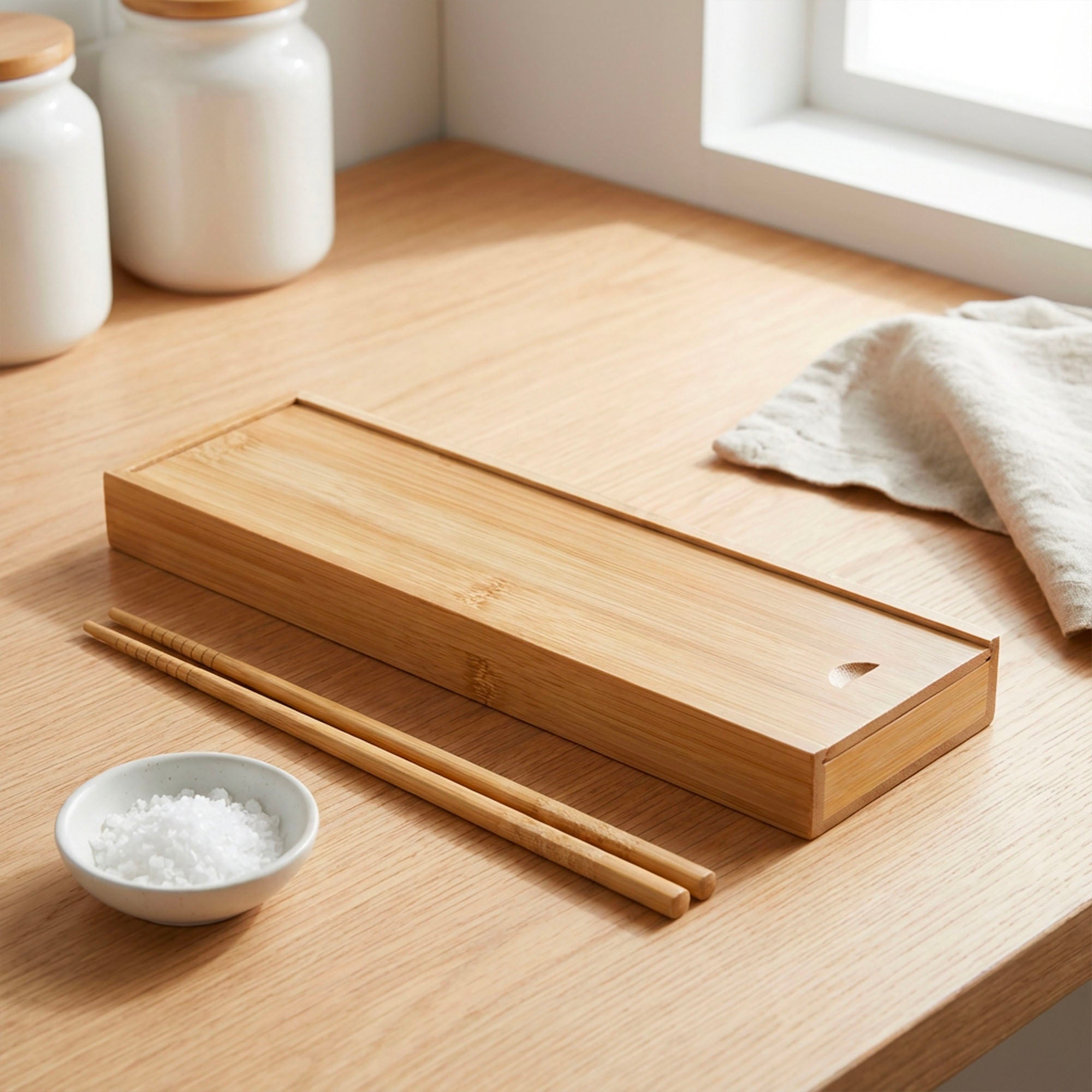 Close-up view of the large Bamboo Chopstick Storage Box made from natural bamboo