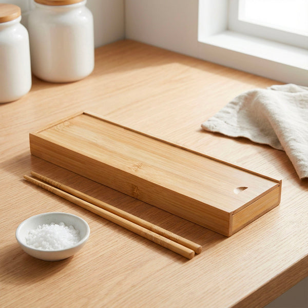 Close-up view of the large Bamboo Chopstick Storage Box made from natural bamboo