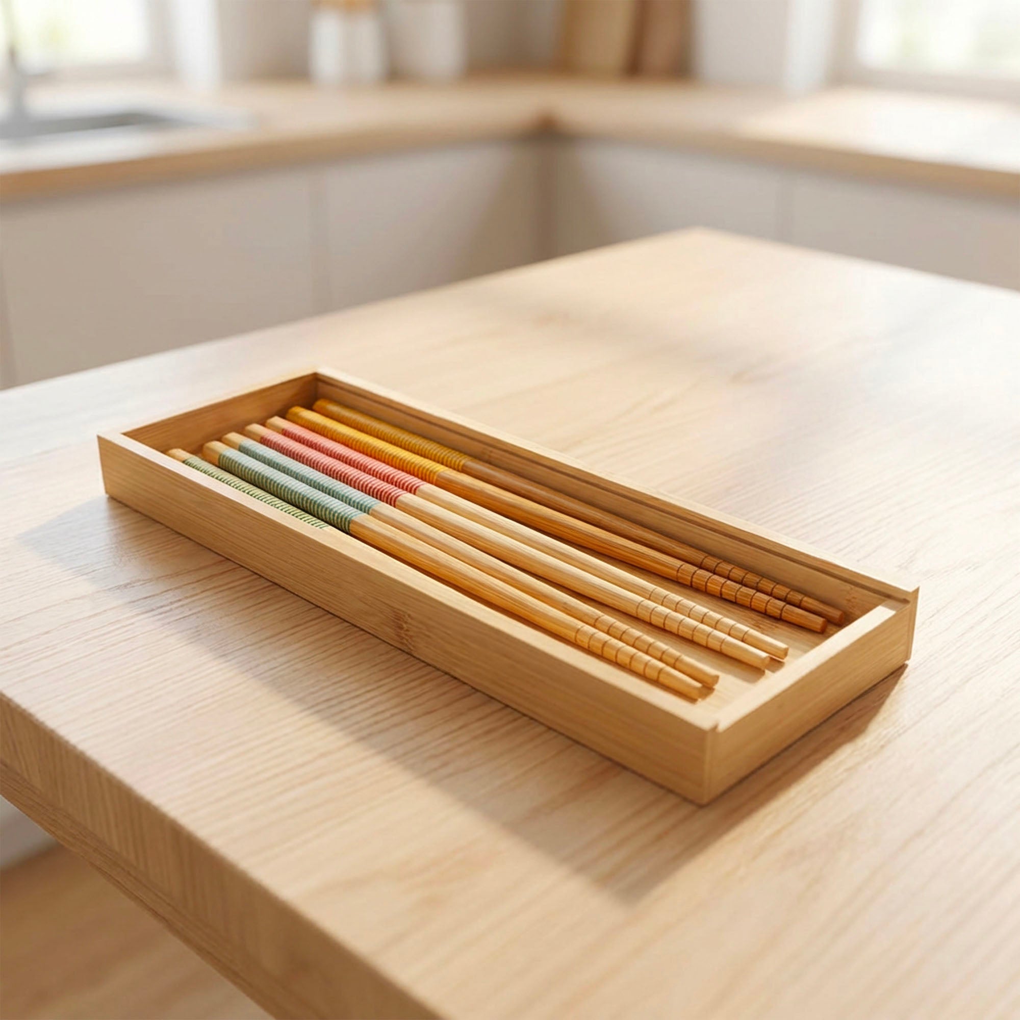 Bamboo Chopstick Storage Box, Large, displayed on a dining table