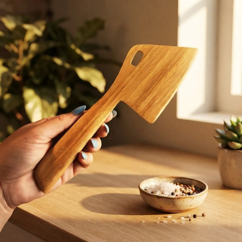Hand holding the Bamboo Dough Scraper to portion dough