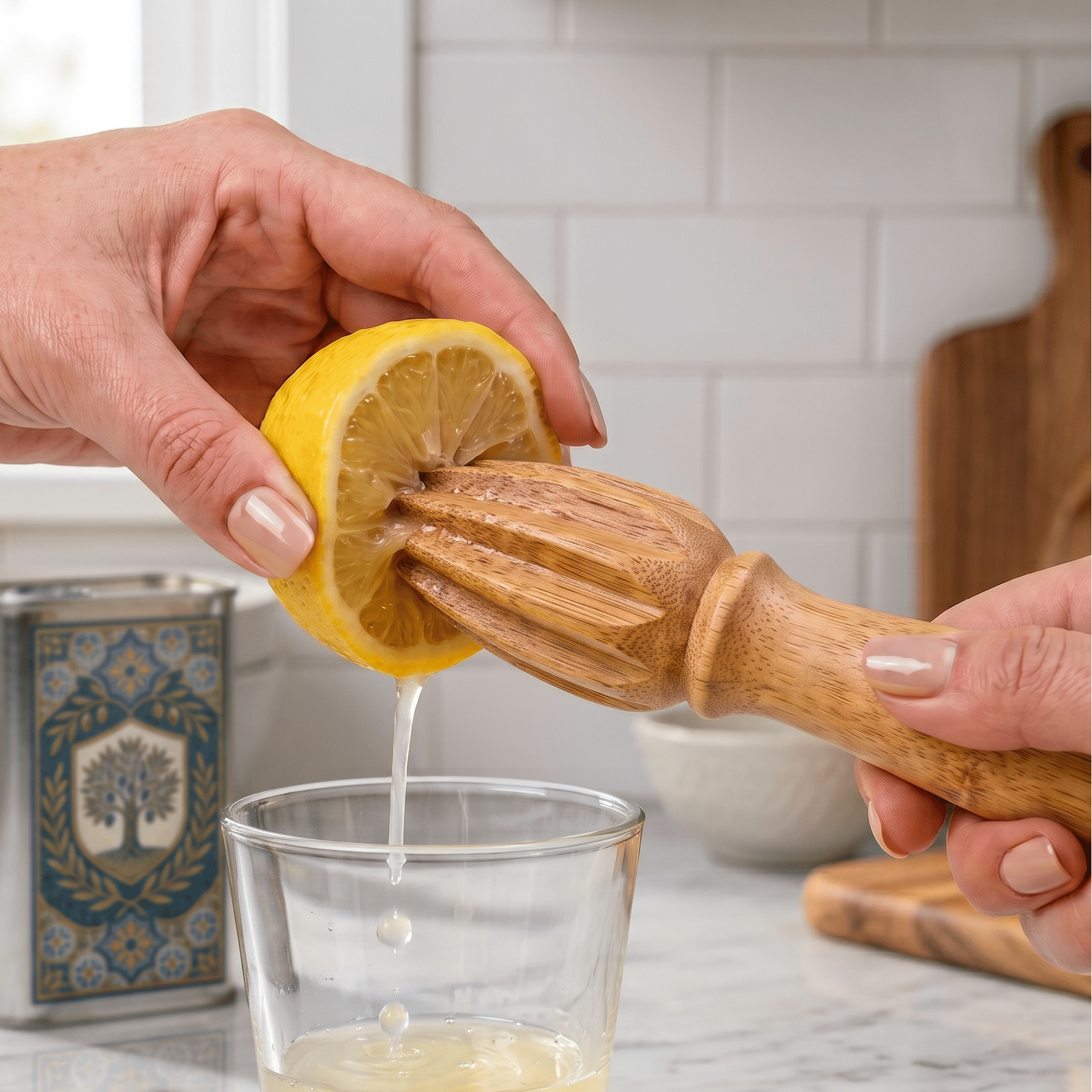 Bamboo Lemon Juicer being used to juice a lemon half