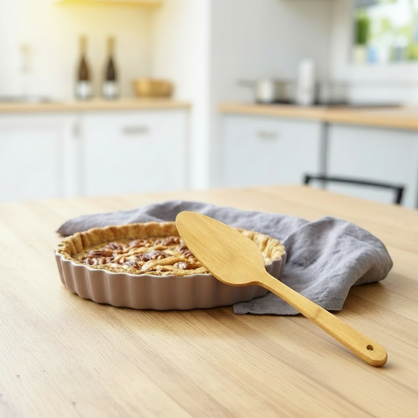 Close-up of the Bamboo Serving Spatula's smooth bamboo blade