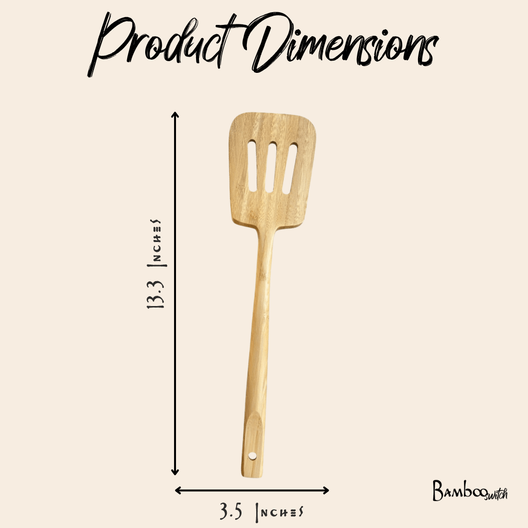 Bamboo Slotted Spatula displayed with kitchen cookware