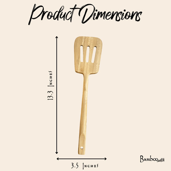 Bamboo Slotted Spatula displayed with kitchen cookware