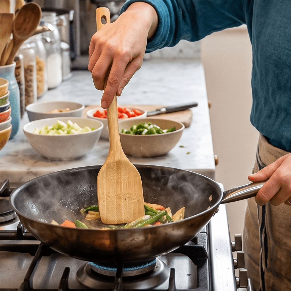 Close-up of Bamboo Spatula edge for scraping cookware