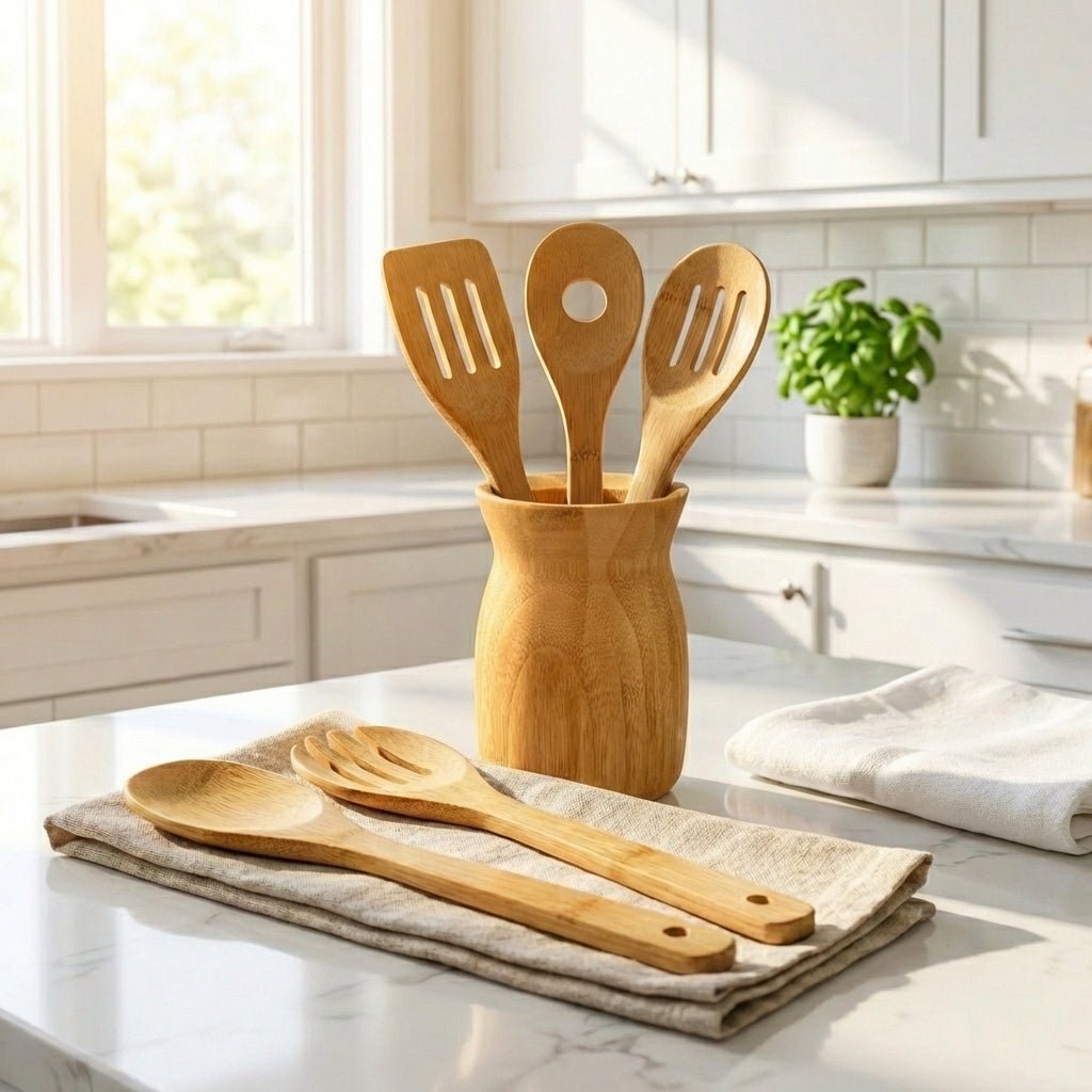 Bamboo Utensil Holder filled with cooking utensils