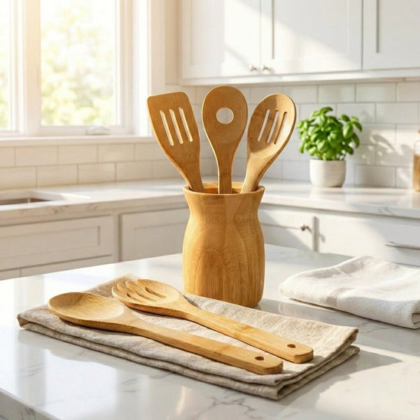 Bamboo Utensil Holder filled with cooking utensils