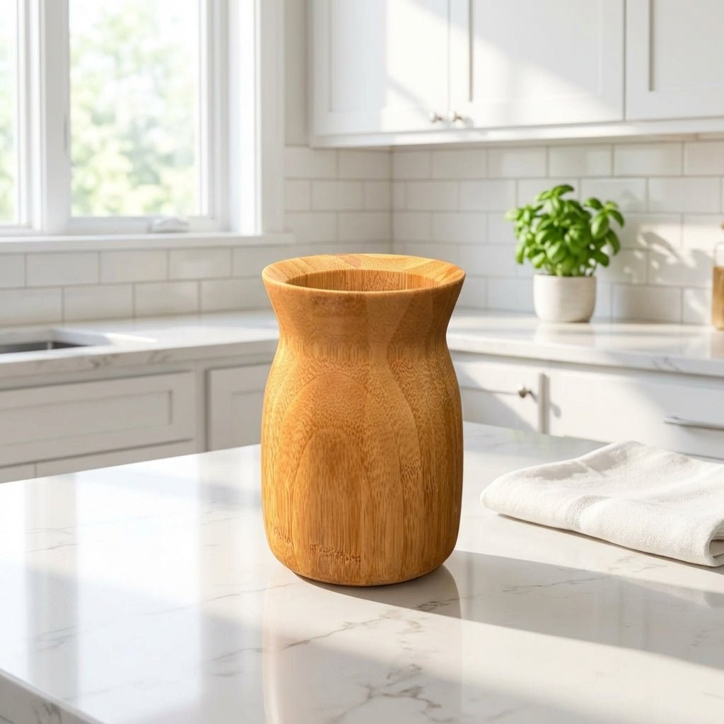 Bamboo Utensil Holder from Bamboo Switch on a kitchen countertop